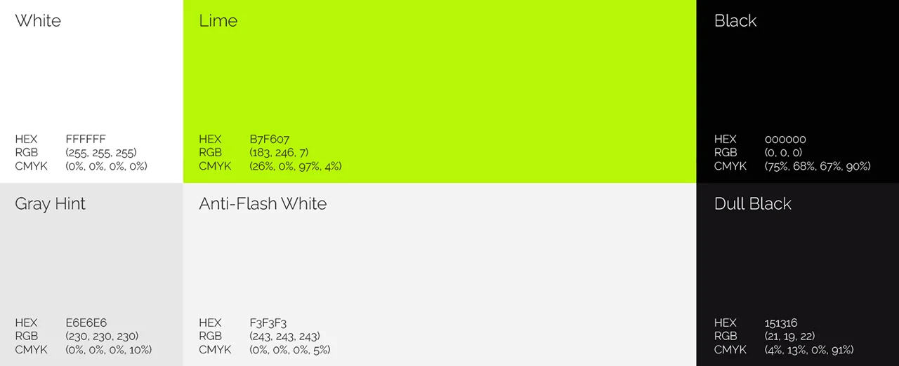 QTS corporate brand guidelines color palette showcasing HEX, RGB and CMYK codes